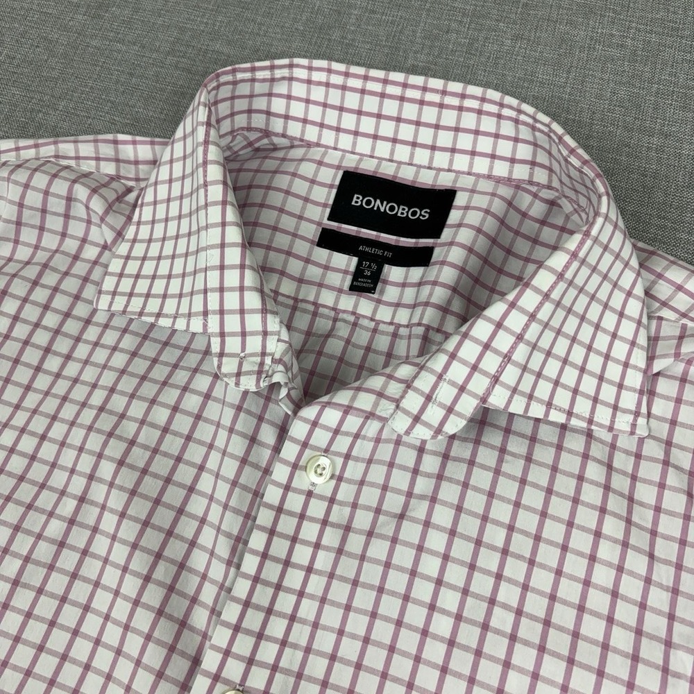 Bonobos Stretch Dress Shirt Mens 17.5 36/37 Pink Check Athletic Fit Long Sleeve